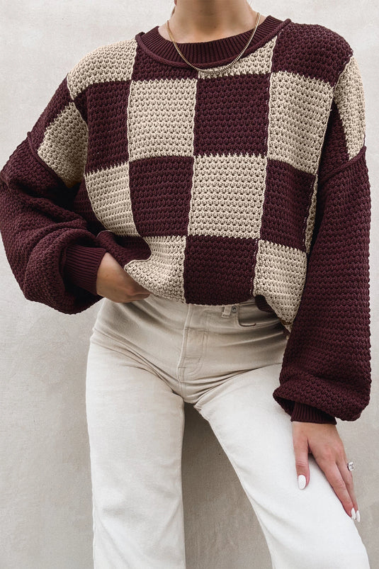 DLLS1091 - Ladies Brown Checkered Pattern Knit Loose Pullover Sweater