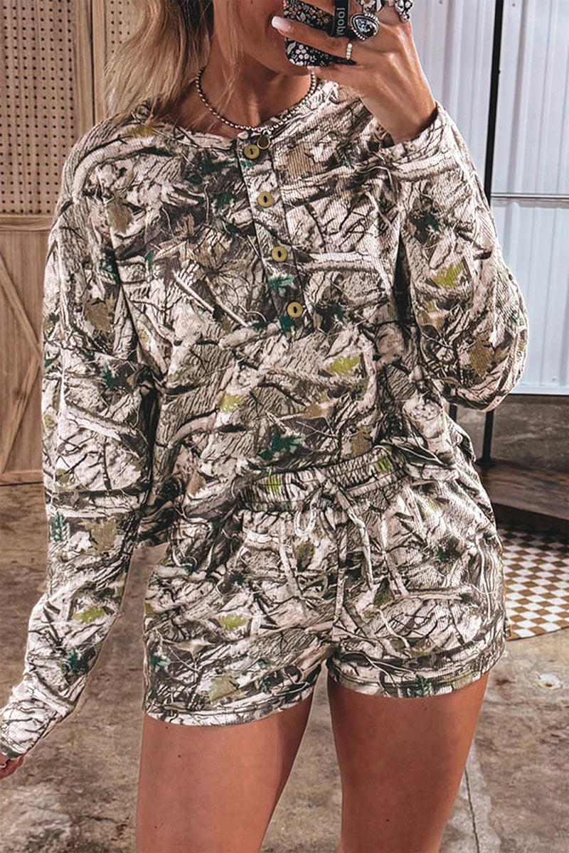 Load image into Gallery viewer, DLLS769 - Ladies Brown Camo Long Sleeve Top Elastic Waist Shorts Two Piece Set
