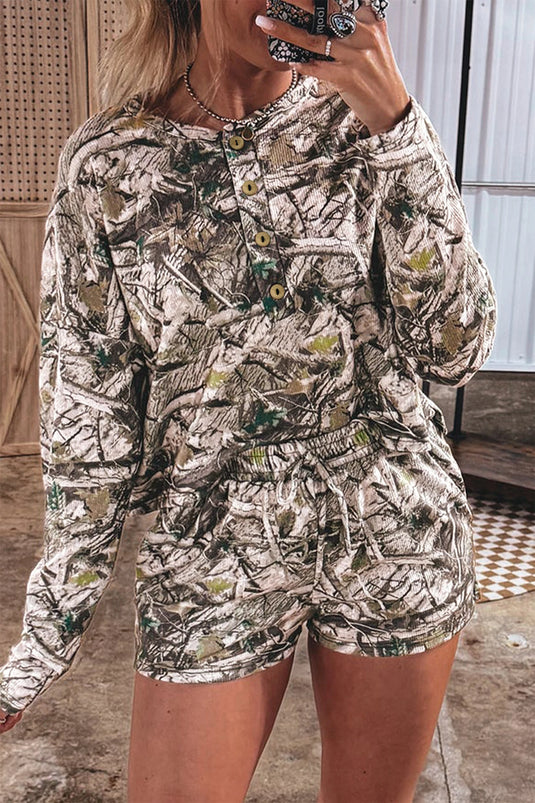 DLLS769 - Ladies Brown Camo Long Sleeve Top Elastic Waist Shorts Two Piece Set