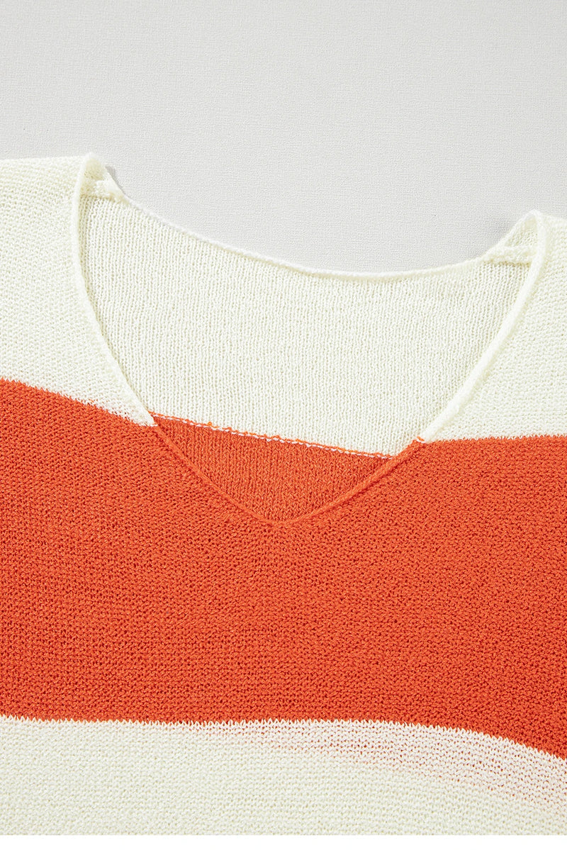 Load image into Gallery viewer, DLLS217 - Ladies Orange Stripe Loose Color Block Drop Shoulder Bubble Sleeve Sweater

