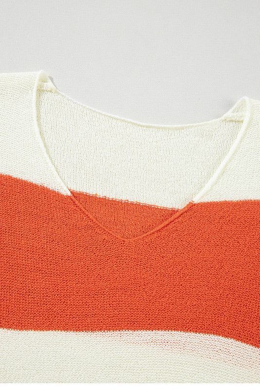 DLLS217 - Ladies Orange Stripe Loose Color Block Drop Shoulder Bubble Sleeve Sweater