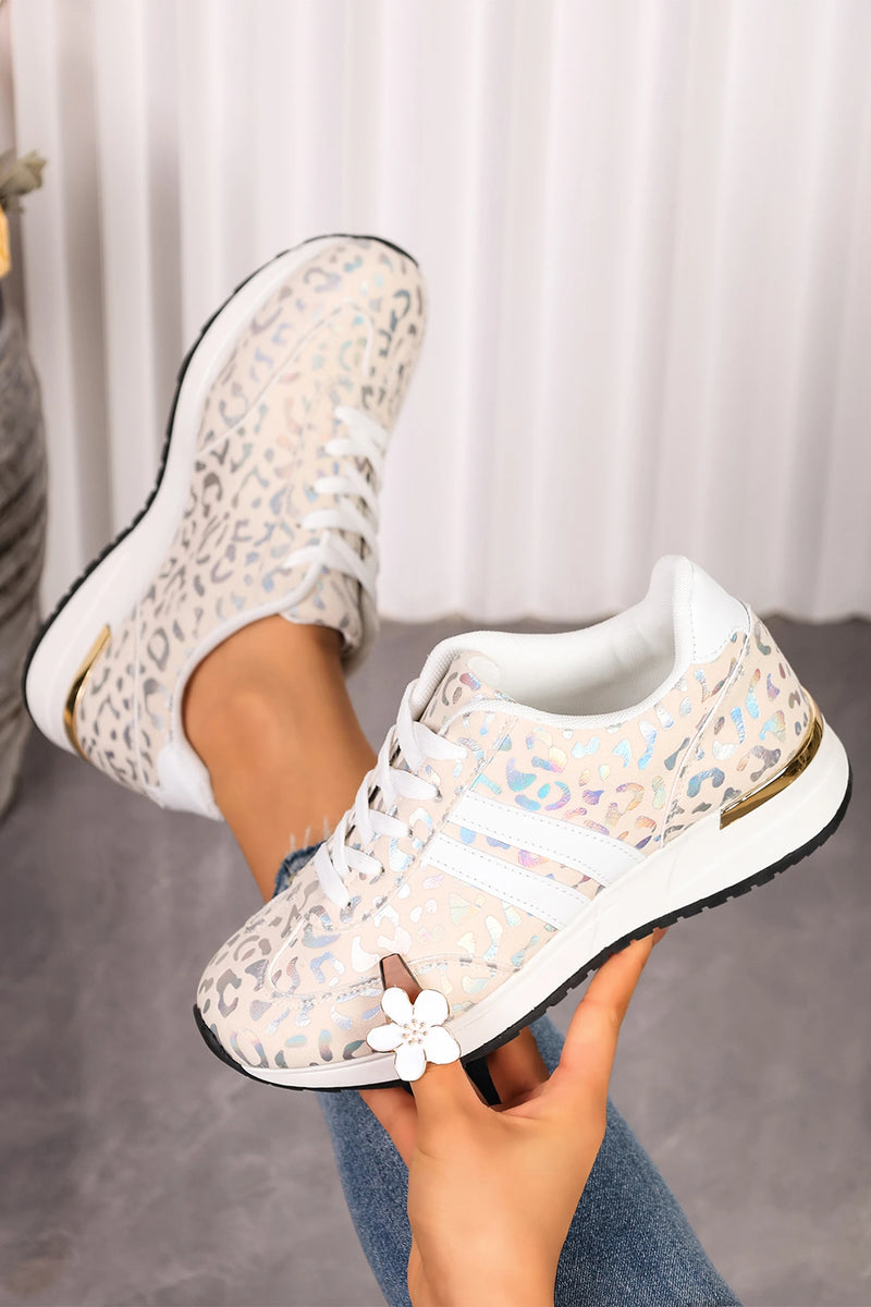 Load image into Gallery viewer, DLLSHOE 197 - White Leopard Print Lace-Up Low-Top Sneakers with Rubber Sole
