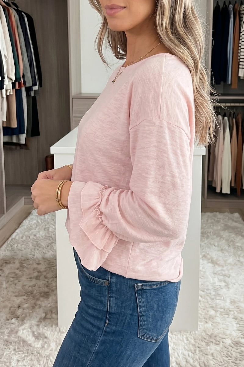 Load image into Gallery viewer, DLLS696 - Ladies Gossamer Pink Ruffle Sleeve Long Sleeve Loose Pullover Top
