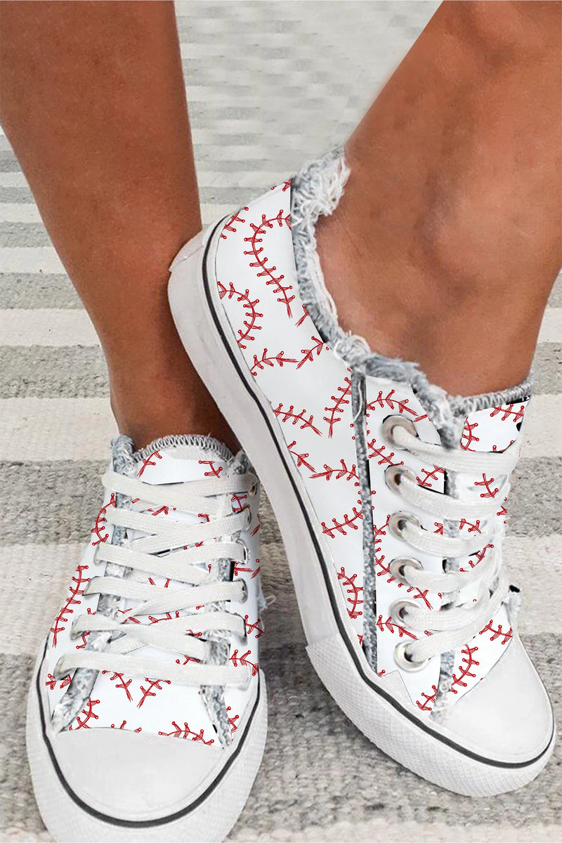 Load image into Gallery viewer, DLLSHOE 30 - White Baseball Seam Printed Frayed Canvas Shoes
