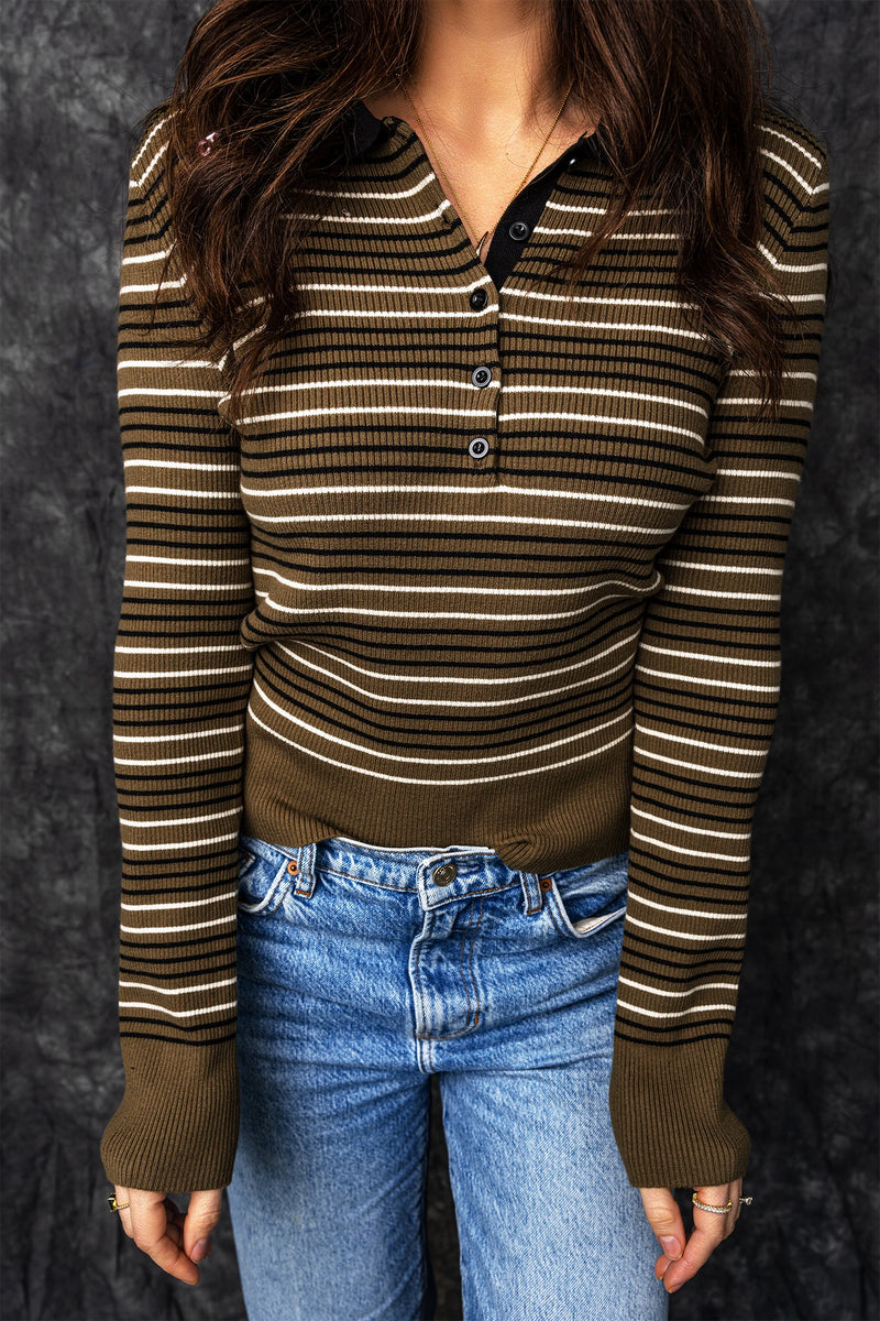 Load image into Gallery viewer, DLLS723 - Ladies Green Stripe Striped Ribbed Knit Button Collar Sweater
