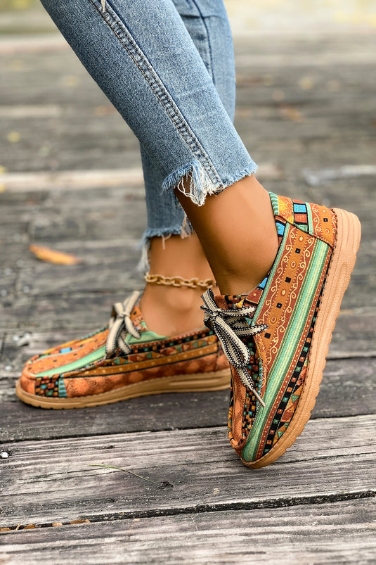 DLLSHOE 6 - Mustard Ethnic Artistic Print Lace-Up Detail Comfort Loafer Shoes