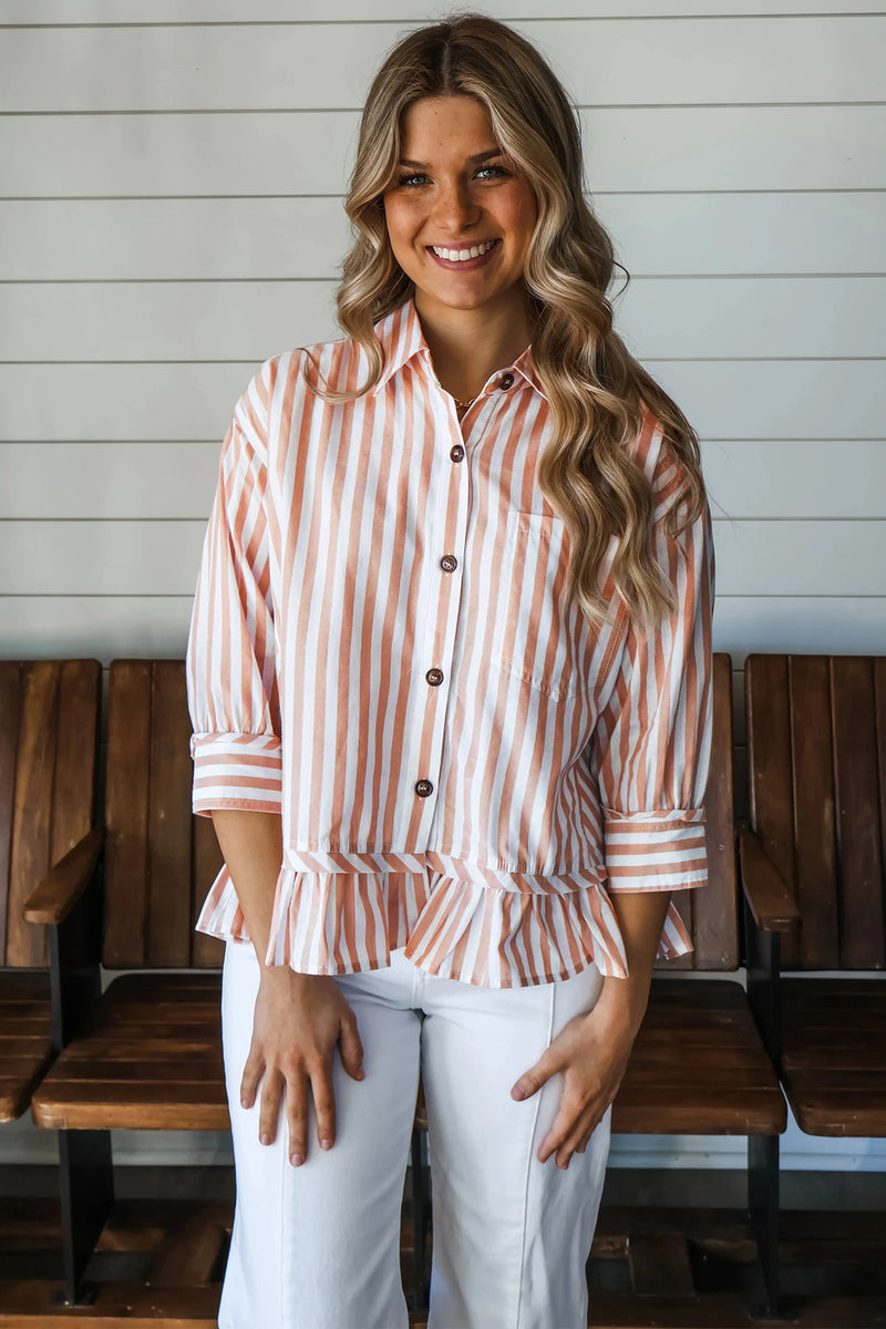 Load image into Gallery viewer, DLLS679 - Ladies Khaki Striped Shirt Bracelet Sleeve Shift Silhouette Casual Wear
