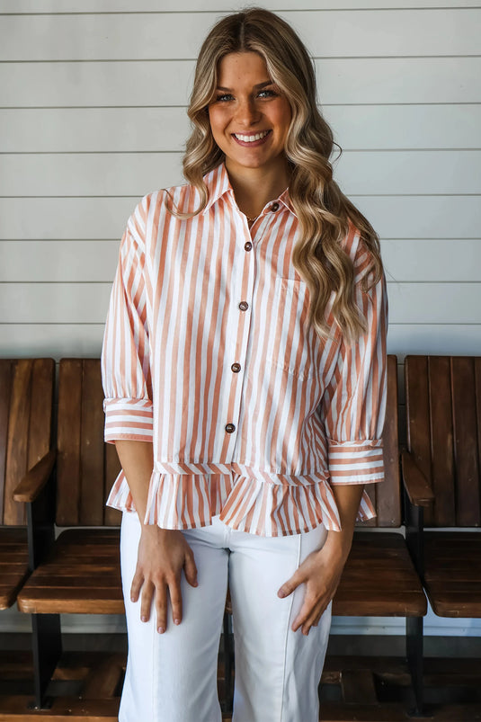 DLLS679 - Ladies Khaki Striped Shirt Bracelet Sleeve Shift Silhouette Casual Wear