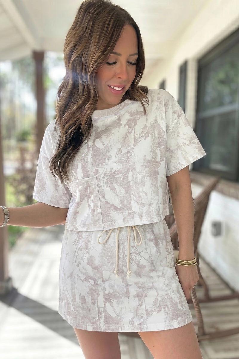 Load image into Gallery viewer, DLLS708 - Ladies Gray Woodland Camo Print Raw Edge Cropped Top Skirt Set
