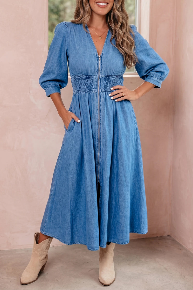 Load image into Gallery viewer, DLLS668 - Ladies Blue Shirred Waist Midi Dress Zip Front Puff Sleeve Casual Shift Denim Dress
