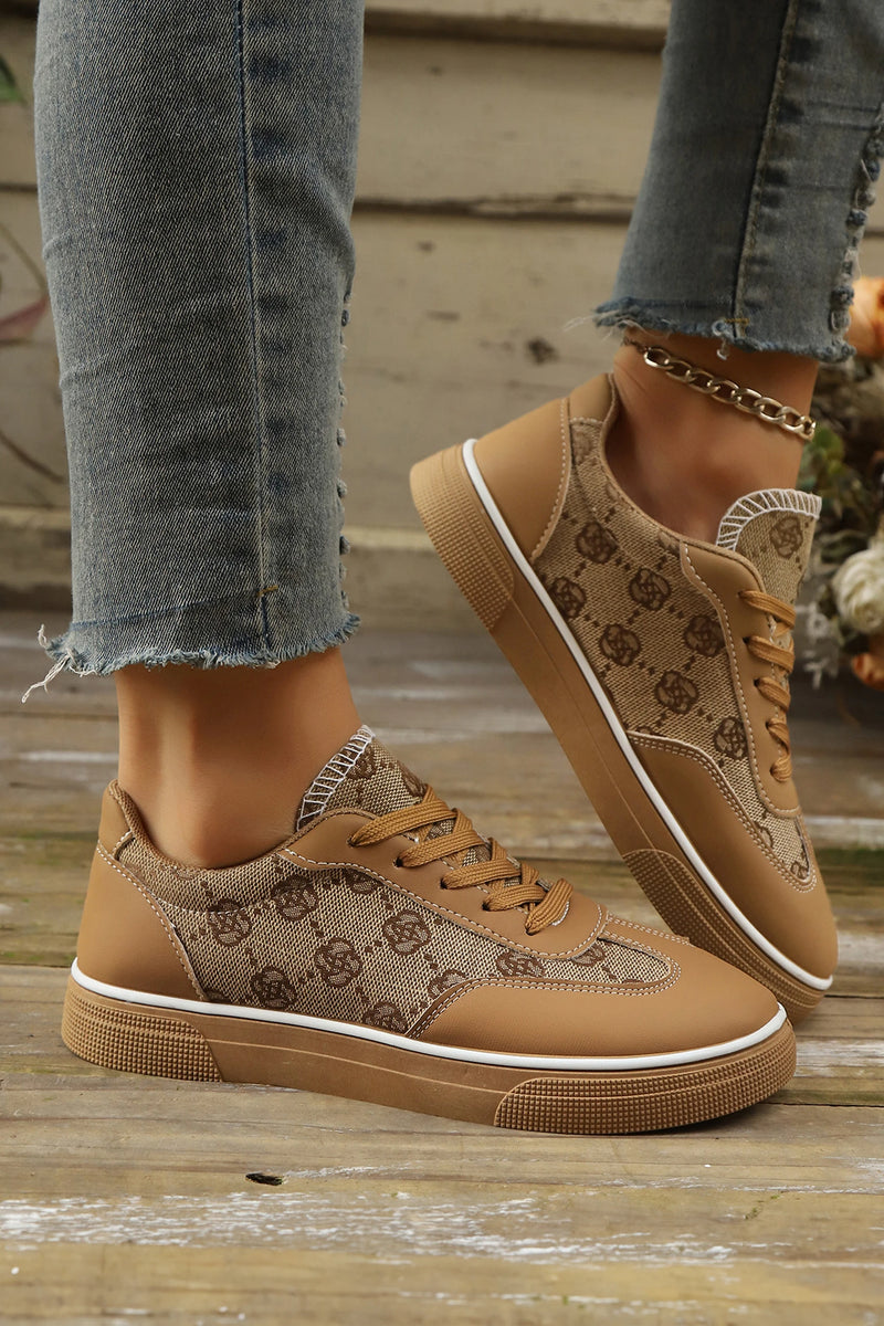 Load image into Gallery viewer, DLLSHOE 56  - Camel Retro Jacquard PU Leather Patchwork Casual Sneakers
