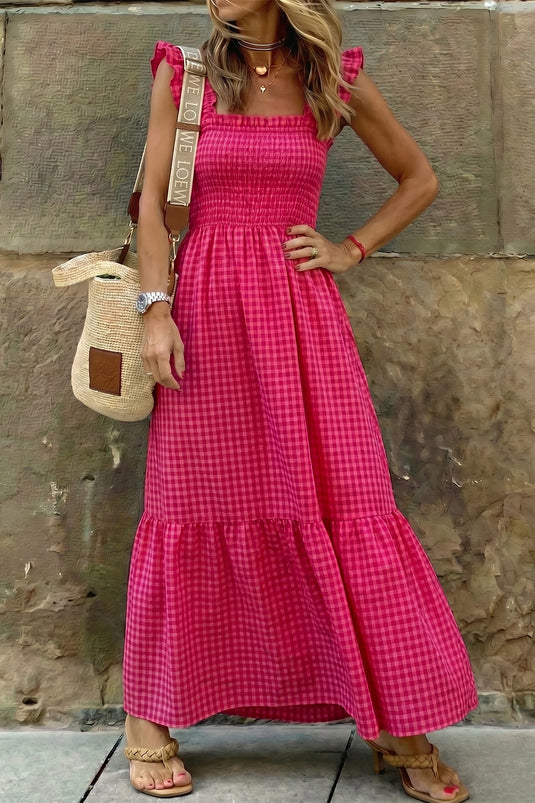 DLLS629 - Ladies Red Plaid Square Neck Fit-and-flared Vacation Sundress