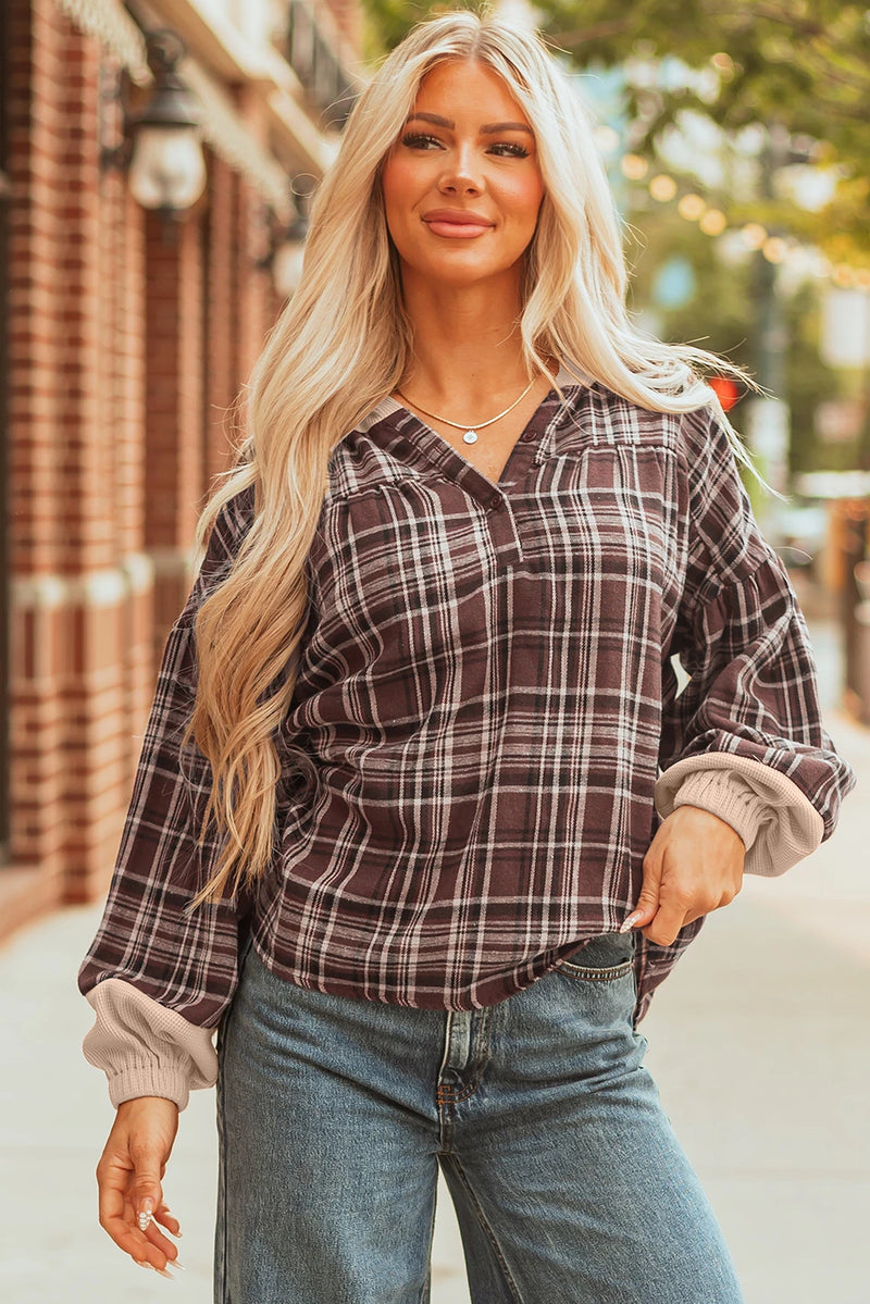 Load image into Gallery viewer, DLLS327 - Ladies Brown Plaid Patchwork Long Sleeve Button Hooded Blouse
