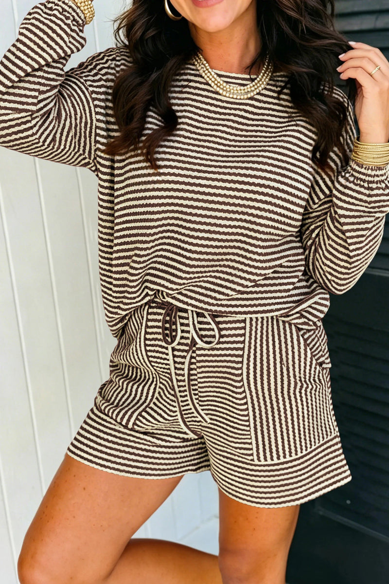 Load image into Gallery viewer, DLLS978 - Ladies Brown Stripe Textured Knit Long Sleeve Top Shorts Casual Outfit
