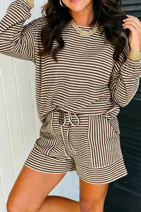 DLLS978 - Ladies Brown Stripe Textured Knit Long Sleeve Top Shorts Casual Outfit