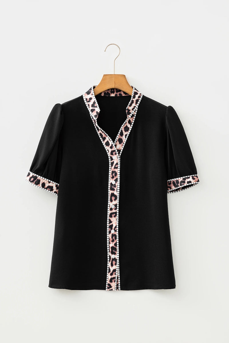 Load image into Gallery viewer, DLLS461 - Ladies Black V Neck Short Puff Sleeve Leopard Trim Button Down Shirt
