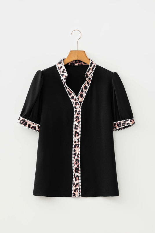 DLLS461 - Ladies Black V Neck Short Puff Sleeve Leopard Trim Button Down Shirt