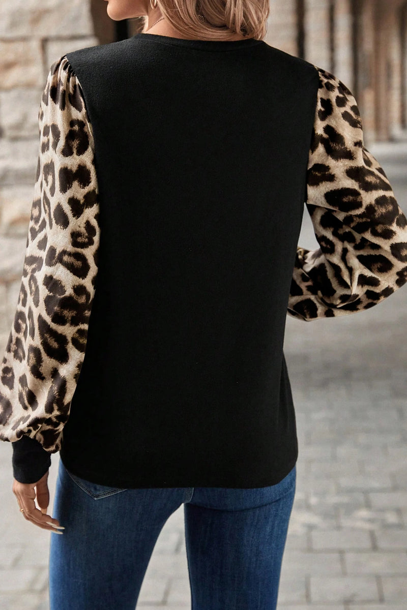 Load image into Gallery viewer, DLLS419 - Ladies Khaki Leopard Puff Sleeve Patchwork Top
