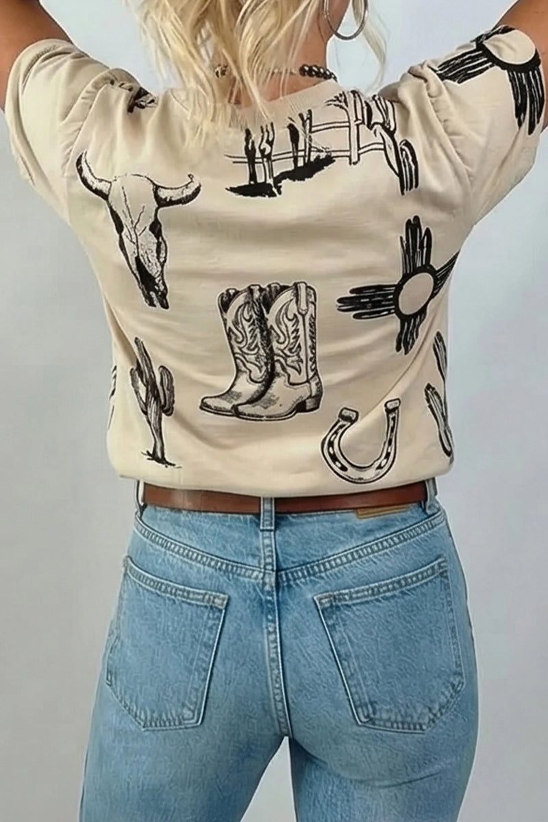 Load image into Gallery viewer, DLLS674 - Ladies Beige Retro Western Print T Shirt
