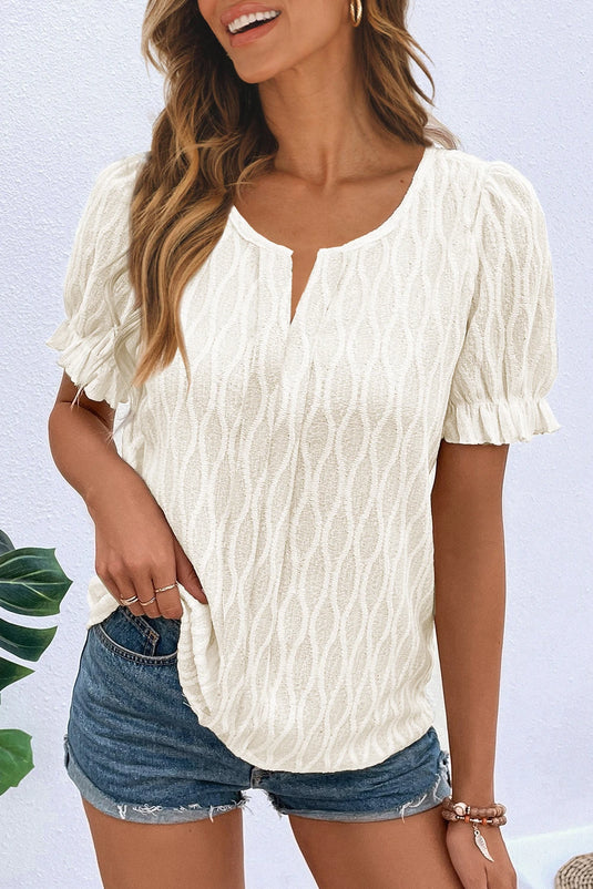 DLLS335 - Ladies White Solid Color Textured Notched Neck Puff Sleeve Blouse