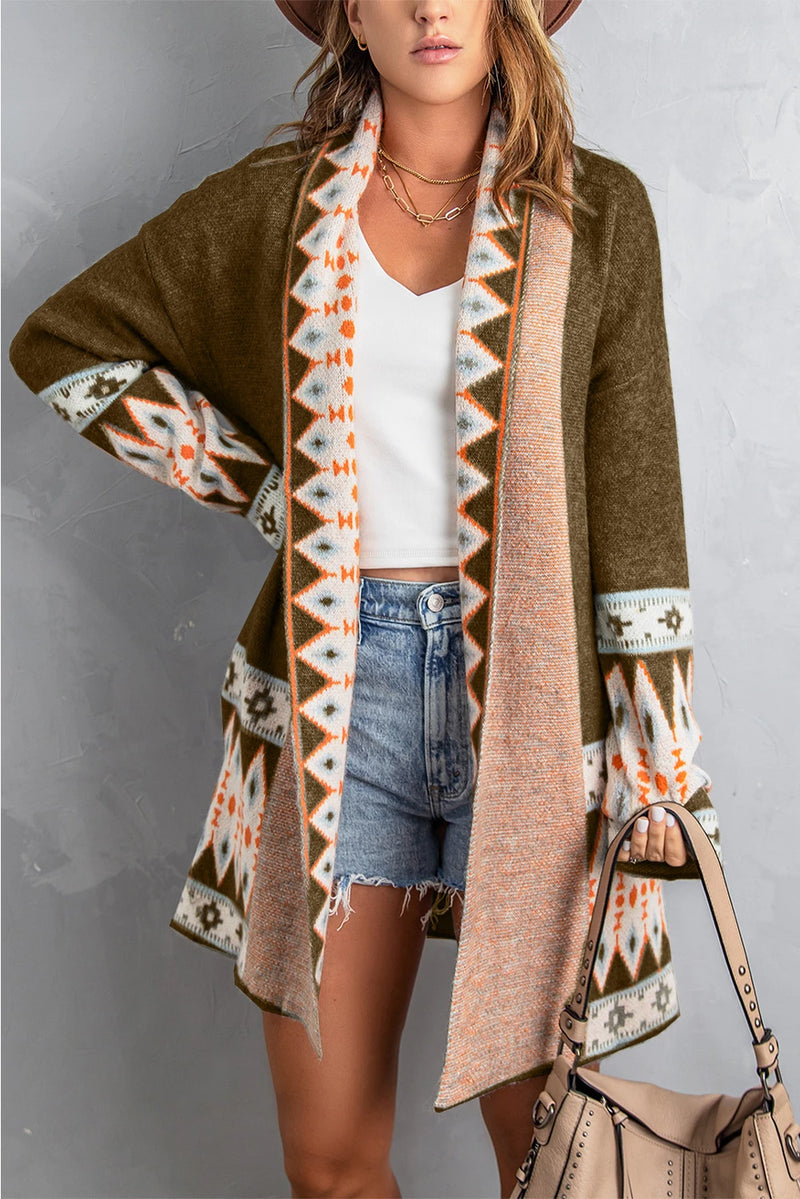Load image into Gallery viewer, DLLS757 - Ladies Brown Aztec Print Open Front Knitted Cardigan
