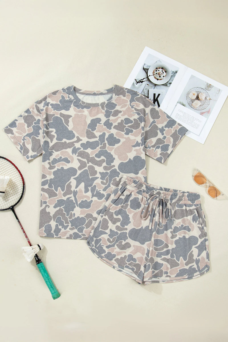 Load image into Gallery viewer, DLLS761 - Ladies Multicolour Camouflage Loose Tee Drawstring Shorts 2pcs Outfit
