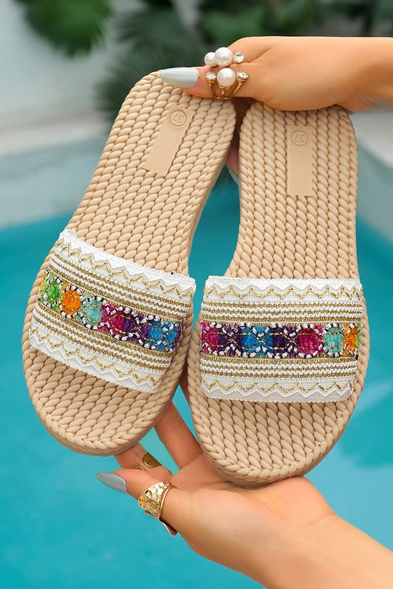 Load image into Gallery viewer, DLLSHOE 5 - Parchment Bohemian Vacation Woven Colorful Detail Wide Band Slippers
