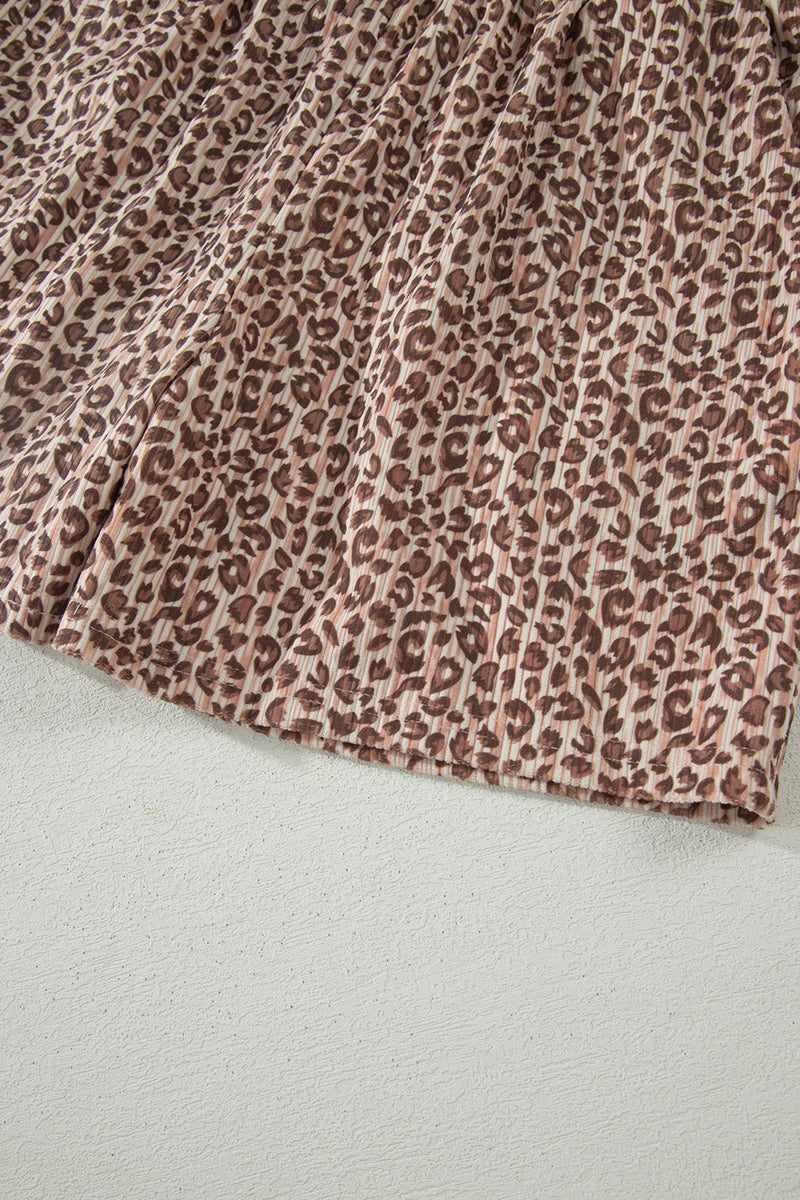 Load image into Gallery viewer, DLLS703 - Ladies Brown Leopard Print Ribbed Patchwork Half Button Loose Tee Elastic Waist Short 2pcs Set
