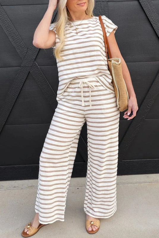 DLLS695 - Ladies Khaki Stripe Cap Sleeve Tee Drawstring Shift Pants 2pcs Outfit
