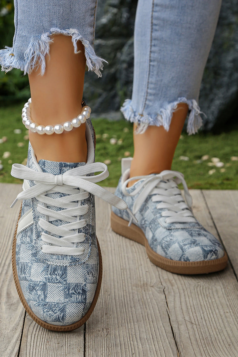 Load image into Gallery viewer, DLLSHOE 104 - Ashleigh Blue Stylish Denim Checkered Print Lace Up Flat Shoes
