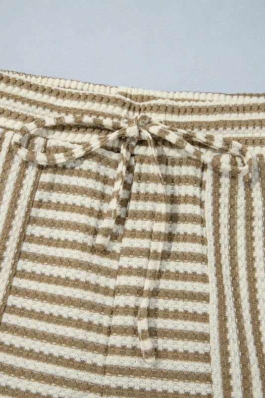 DLLS1147 - Ladies Brown Stripe Textured Knit Long Sleeve Top Elastic Waist Shorts Casual Outfit
