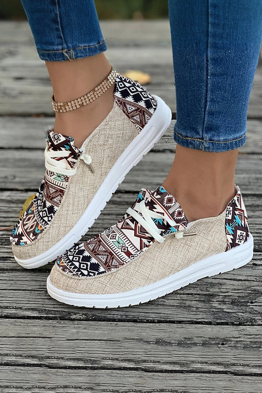 DLLSHOE 42 - Brown Vintage Aztec Patchwork Lace-Up Decor Flat Shoes