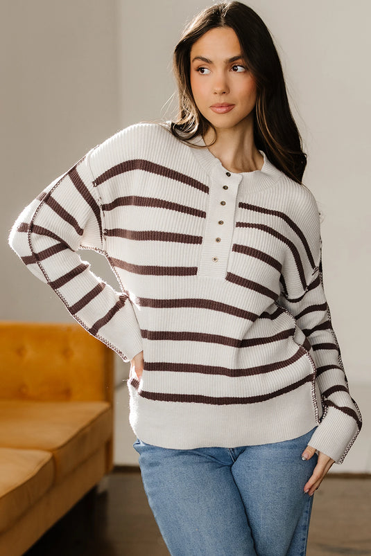 DLLS227 - Ladies Brown Stripe Ribbed Henley Drop Shoulder Slouchy Sweater