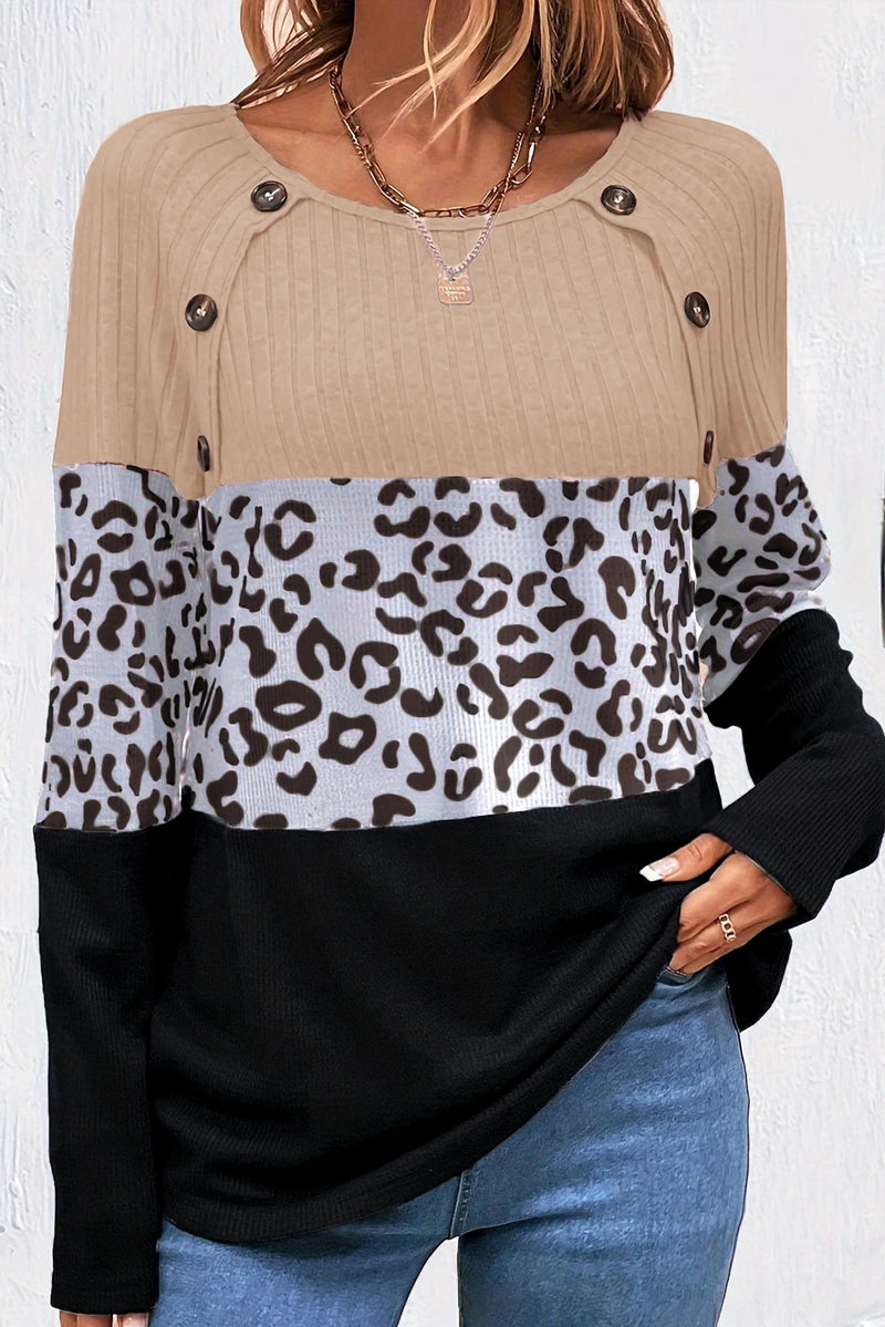 Load image into Gallery viewer, DLLS318 - Ladies Black Cheetah Textured Patchwork Buttoned Round Neck T Shirt
