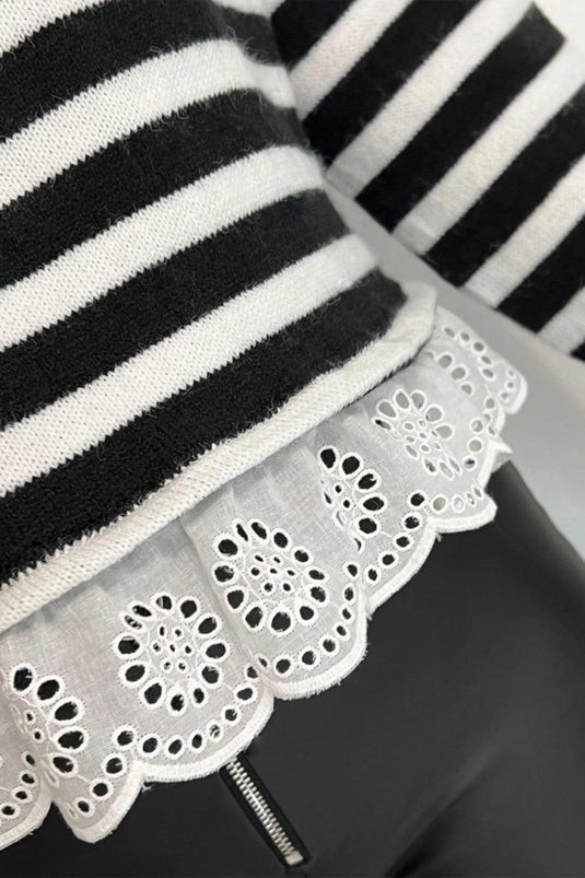 DLLS1077 - Ladies Black Striped High Neck Contrast Ruffle Detail Casual Sweater
