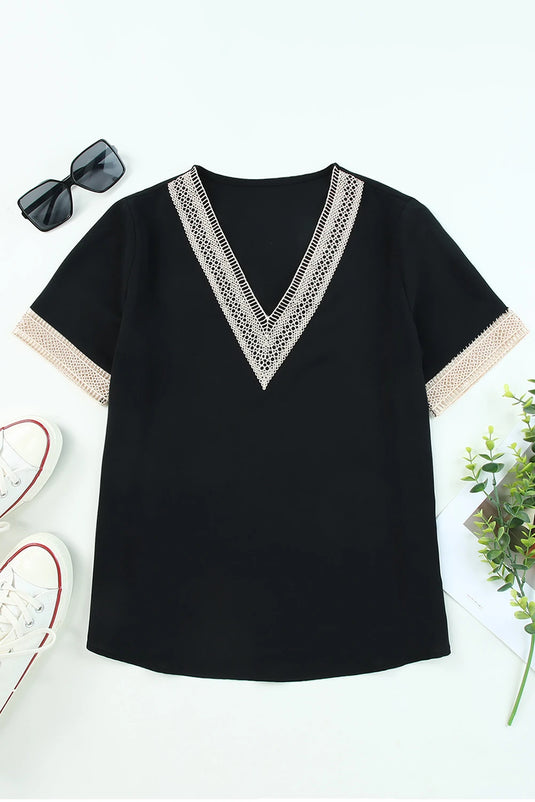 DLLS491 - Ladies Black Lace Trim V Neck Short Sleeve Blouse