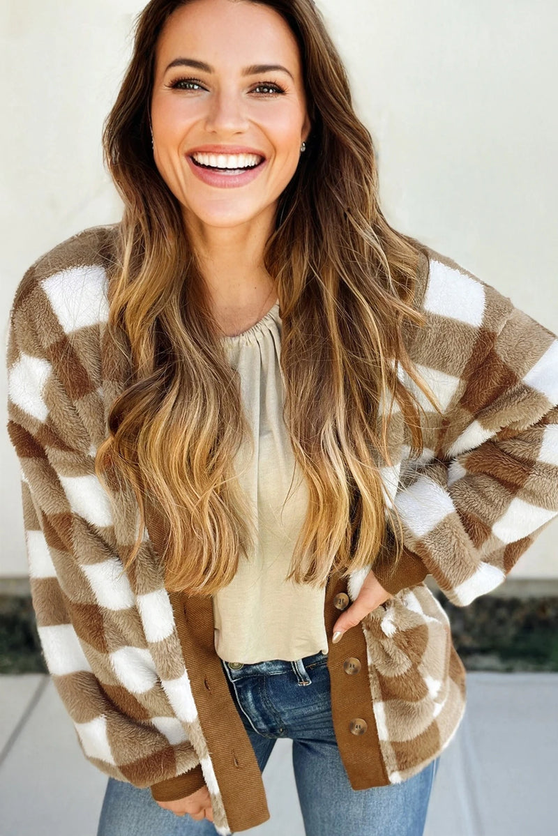 Load image into Gallery viewer, DLLS922 - Ladies Brown Checkered Sherpa Loose Knit Cardigan with Pockets

