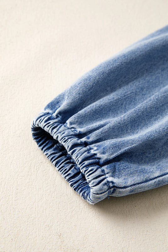 DLLS564 - Ladies Myosotis Puff Sleeve V Neck Ruffled Loose Denim Mini Dress