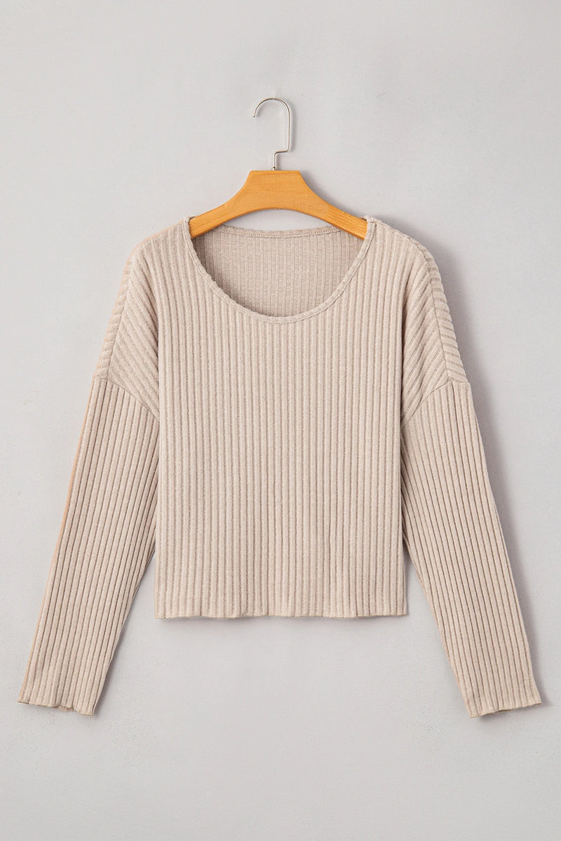 Load image into Gallery viewer, DLLS145 - Ladies Beige Lettuce Cuffs Drop Shoulder Loose Ribbed Knit Top
