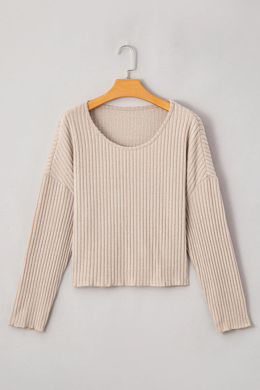 DLLS145 - Ladies Beige Lettuce Cuffs Drop Shoulder Loose Ribbed Knit Top