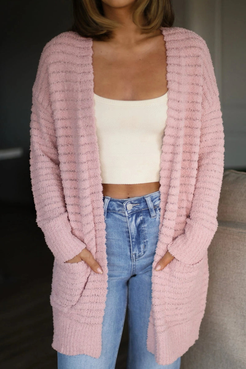 Load image into Gallery viewer, DLLS857 - Ladies Light Pink Open Front Soft Fuzzy Ribbed Sweater Cardigan

