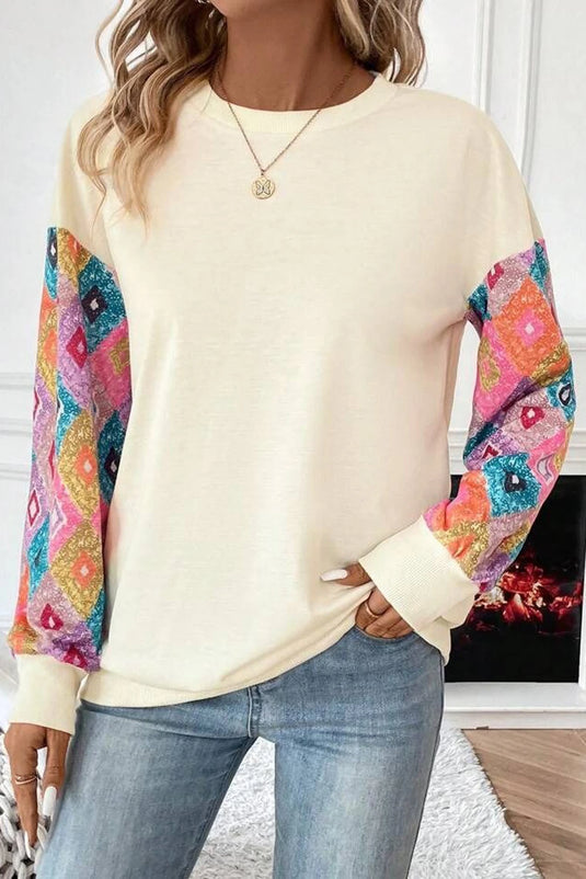 DLLS144 - Ladies Apricot Geometric Printed Patchwork Long Sleeve Round Neck Top