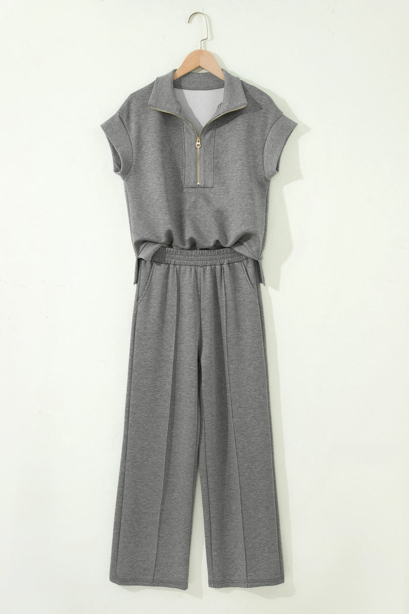 Load image into Gallery viewer, DLLS938 - Ladies Gray Half Zip Polo Tee Casual Pant Set
