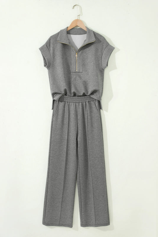 DLLS938 - Ladies Gray Half Zip Polo Tee Casual Pant Set