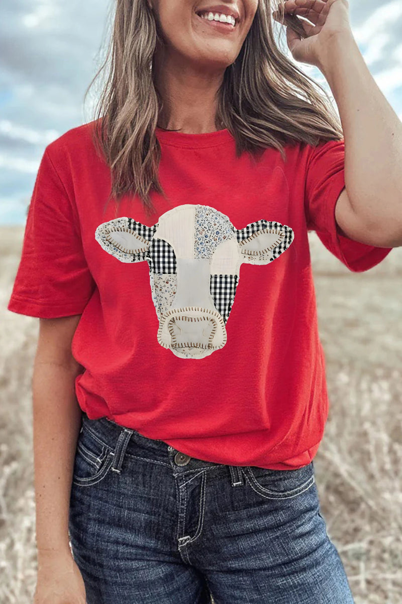 Load image into Gallery viewer, DLLS1016 - Ladies Red Western Patchwork Cow Print Round Neck Casual T Shirt
