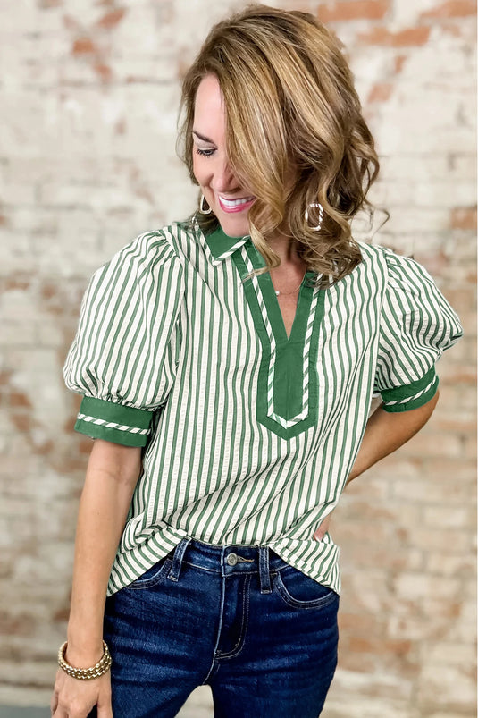 DLLS432 - Ladies Green Stripe Collared Split Neck Short Bubble Sleeve Blouse