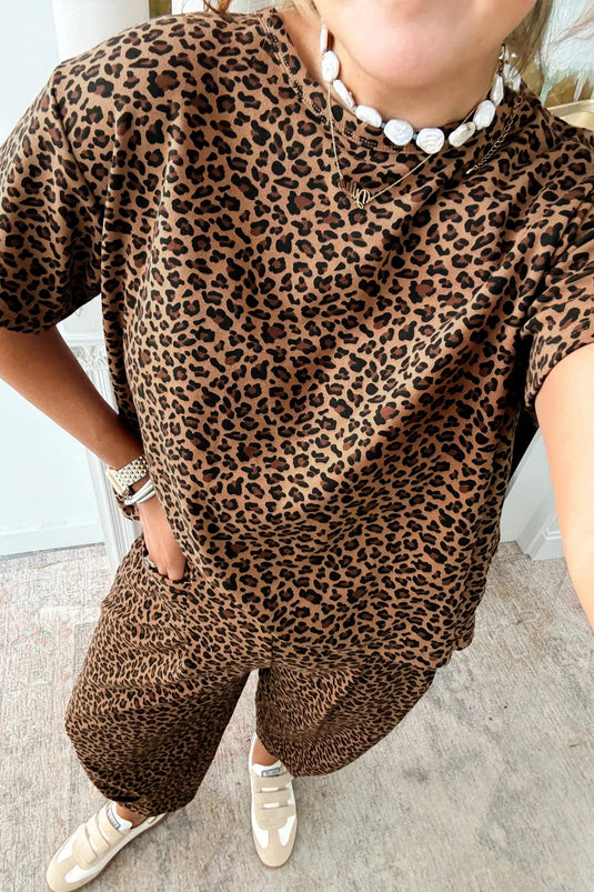 DLLS453 - Ladies Brown Leopard Loose Tee Drawstring Waist Barrel Pants Set