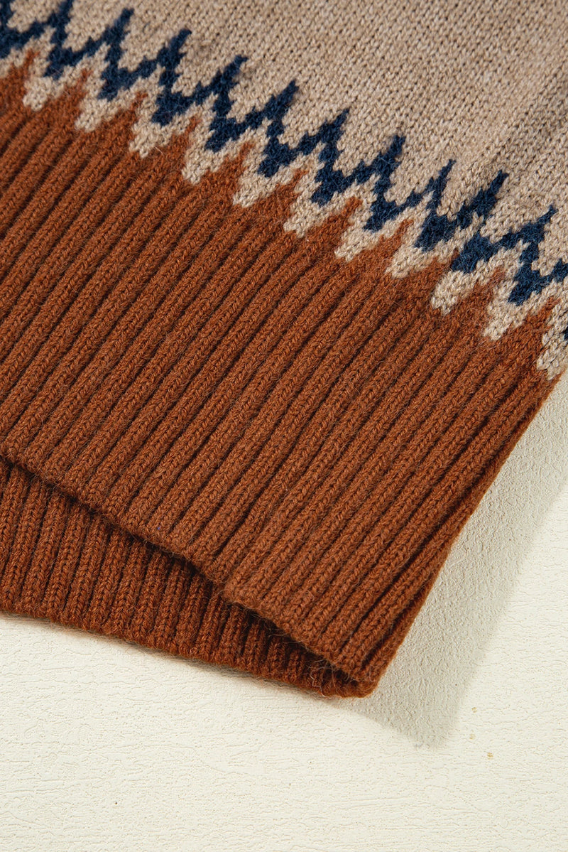 Load image into Gallery viewer, DLLS138 - Ladies Khaki Aztec Print Colorblock Crew Neck Sweater
