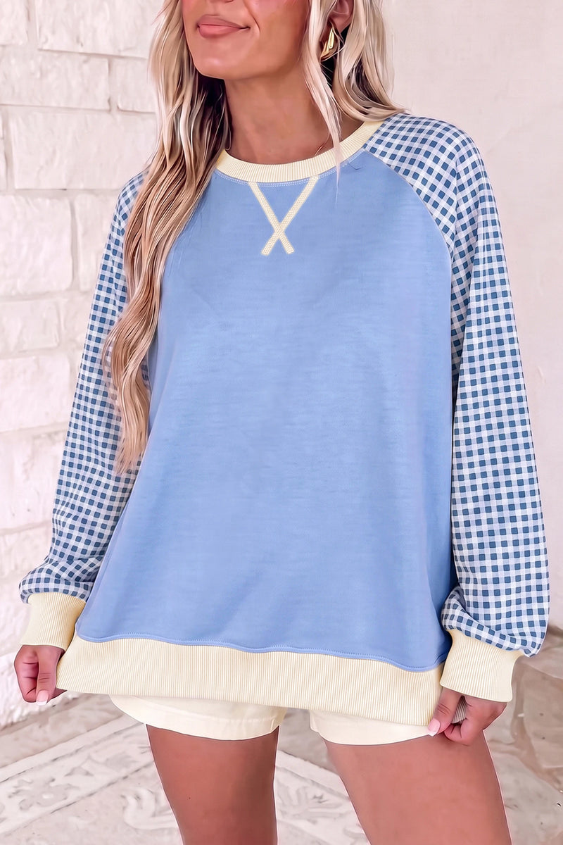 Load image into Gallery viewer, DLLS890 - Ladies Light Blue Plaid Sleeve Colorblock Raglan Pullover Sweatshirt
