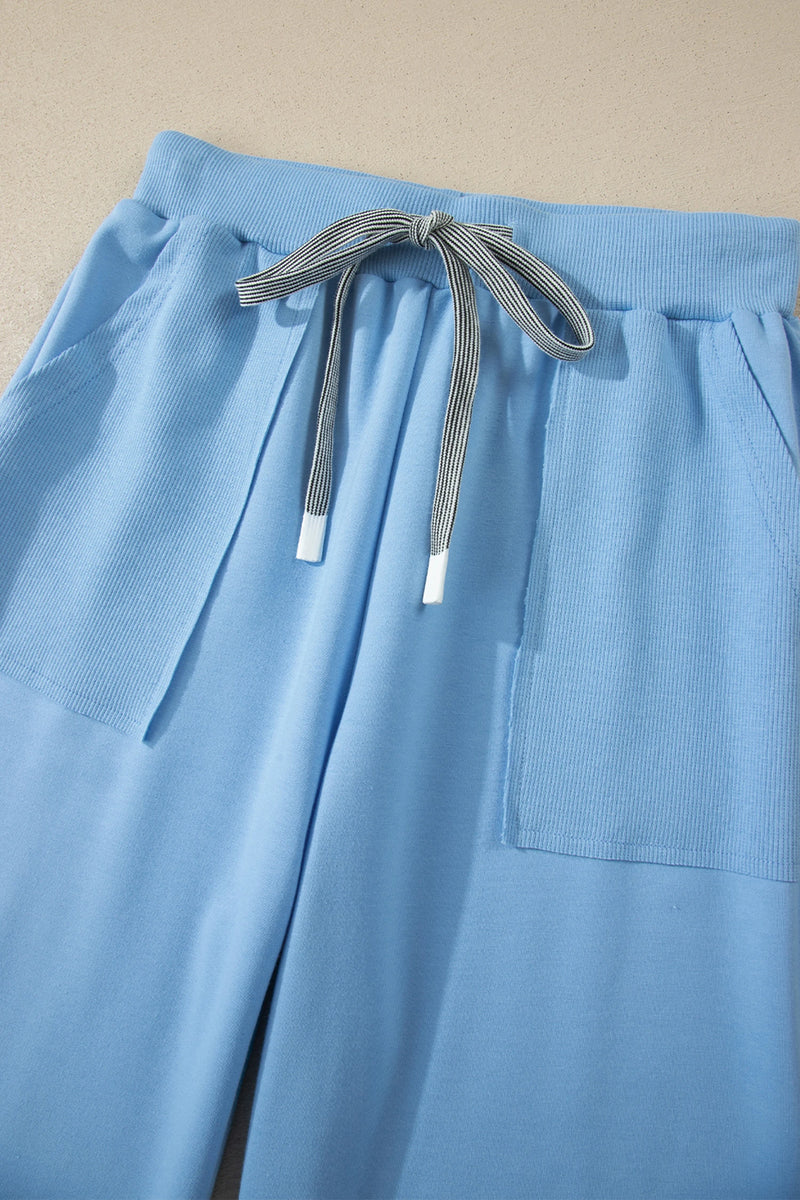 Load image into Gallery viewer, DLLS933 - Ladies Beau Blue Solid Color V Neck Tee Drawstring Pant Set
